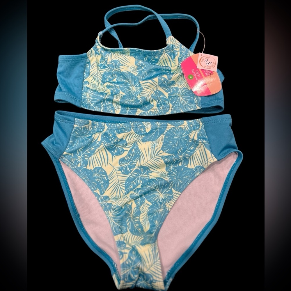 Lily & Dan Girls 2 Piece Swim Set Bikini Top & Bottom Green Blue Tropical Medium